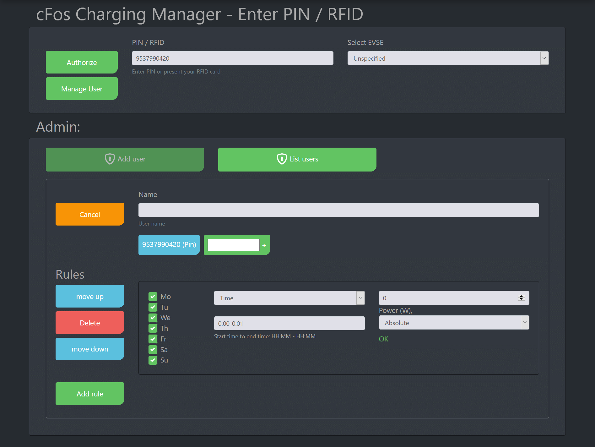 Screenshot cFos Charging Manager Документація - RFID / PIN