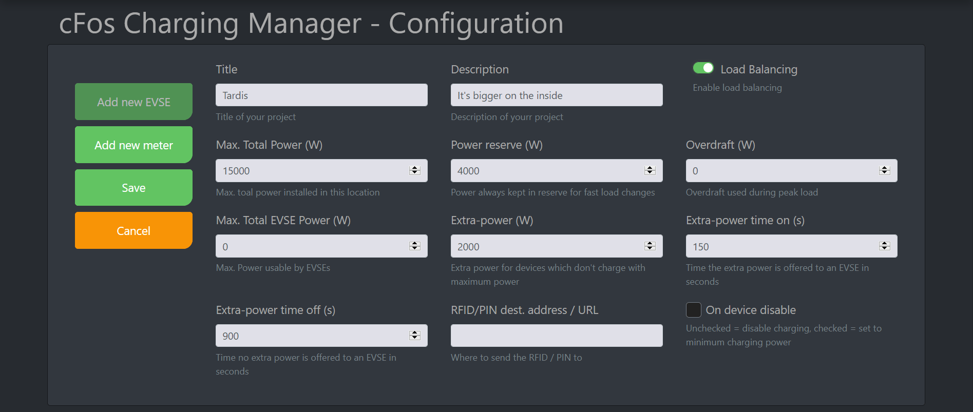 Screenshot #1 cFos Charging Manager-dokumentasjon - Konfigurasjon