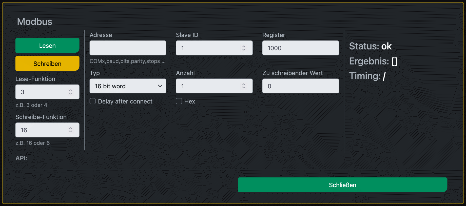 Screenshot Dialog "Modbus Test"