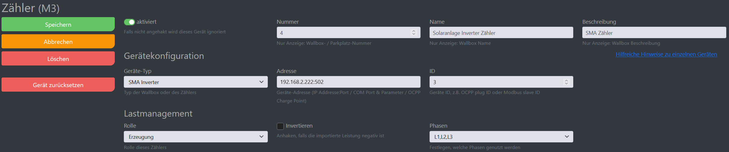 Img Skjermbilde cFos Charging Manager-konfigurasjon